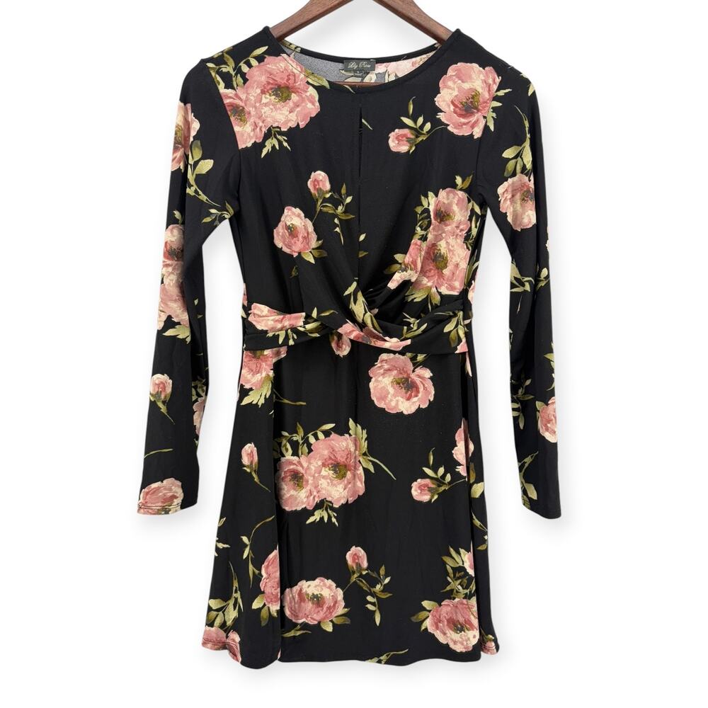 Lily Rose Juniors Small Black Pink Floral Long Sleeve Dress